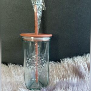 Starbucks Glass Tumbler with beige pink-ish Lid and Straw